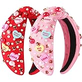 Eostankr 2 Pcs Valentines Day Headband for Women Love Heart Headband Pearl Rhinestone Crystal Jeweled Hairbands Fashion Ladies Hair Band Valentine’s Day Hair Accessories (Red and Pink)