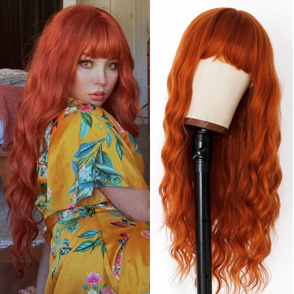 Photo 1 of EVLYNN Ginger Wig with Bangs Orange Long Wavy Wigs for Women Ginger Curly Heat Resistant Synthetic 26 Inches Loose Wave Red Orange Wig for Daily Party Cosplay