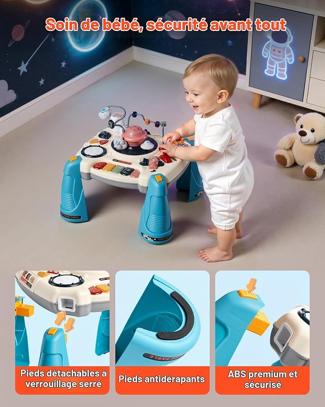 Table Activité Bébé 6 Mois et Plus Table Apprentissage Bébé 12 Jeux Jouet Musical Éducatif pour Éveil Enfants Garçon Fille, avec Projecteur d'Étoiles à Lumière Douce, 60 Sons, Thème de l'espace