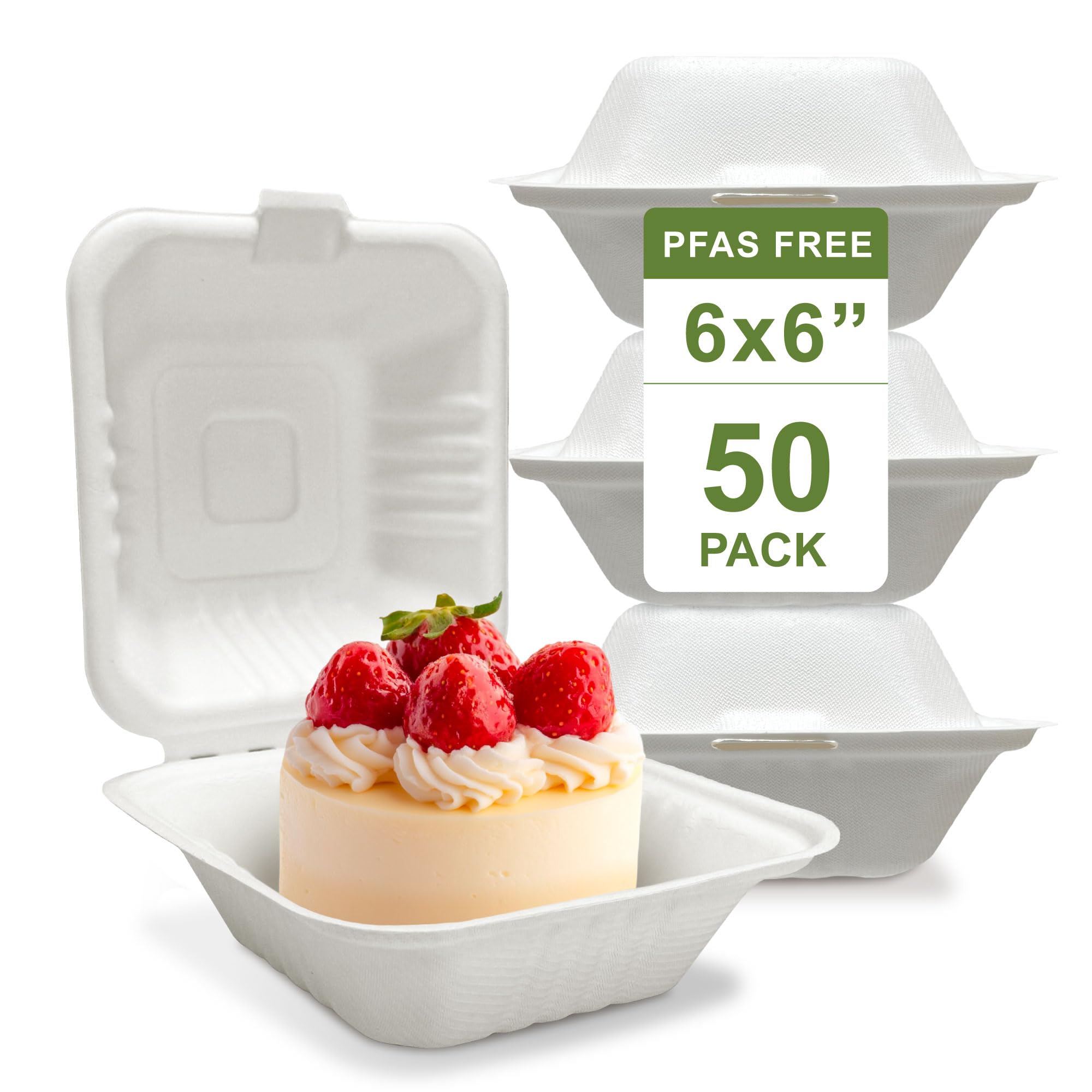 Photo 1 of [50 COUNT]Harvest Pack 6 X 6" White Compostable Clamshell Food Containers, To go food container Heavy-Duty Square Hinged Container, Disposable Bagasse Eco-Friendly Natural Takeout Box