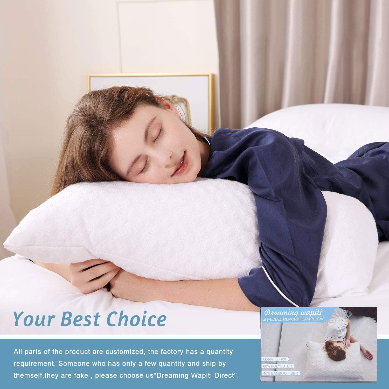 Dreaming Wapiti Pillows for Sleeping, 2 Pack Shredded Memory Foam with Machine Washable Bamboo Cover, Adjustable Loft-Stomach Side Back Sleeper (Queen), (2-Pack), White: Home & Kitchen