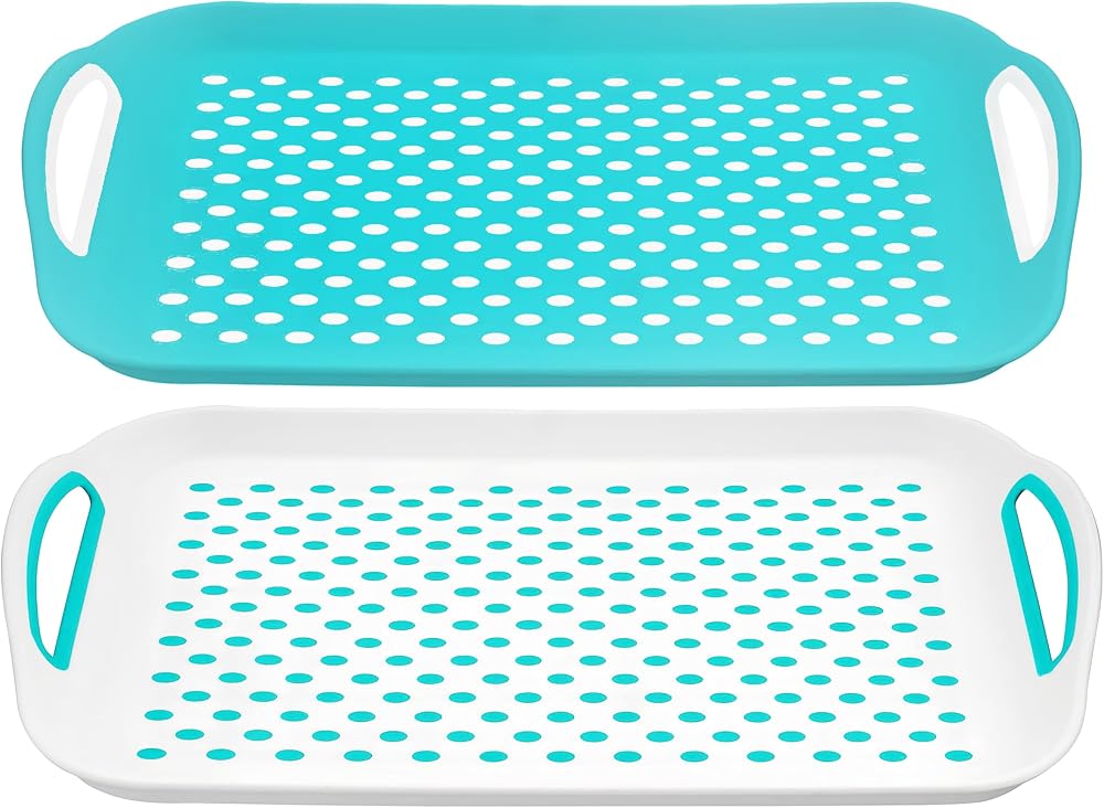 DIVCHI 2-Pack Serving Tray Set Non-Slip Green White with Handles 40.5 x 28.5 cm