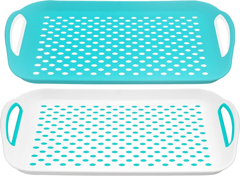 DIVCHI 2-Pack Serving Tray Set Non-Slip Green White with Handles 40.5 x 28.5 cm