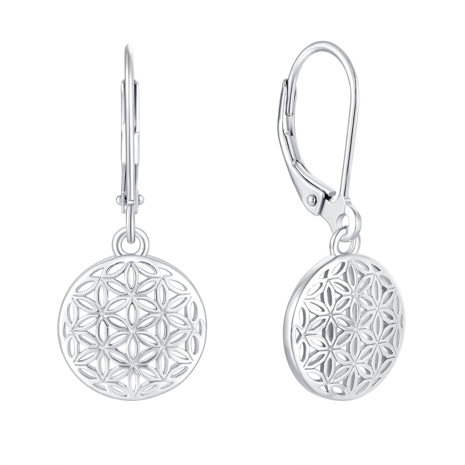 JO WISDOM Women Earrings,925 Sterling Silver Flower of Life Amulet Leverback Dangle & Drop Earrings with White Gold Plated