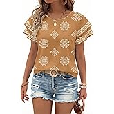 BLENCOT Women Blouses Layered Sleeve Fashion Crewneck Floral Printed Boho Loose Summer Tops