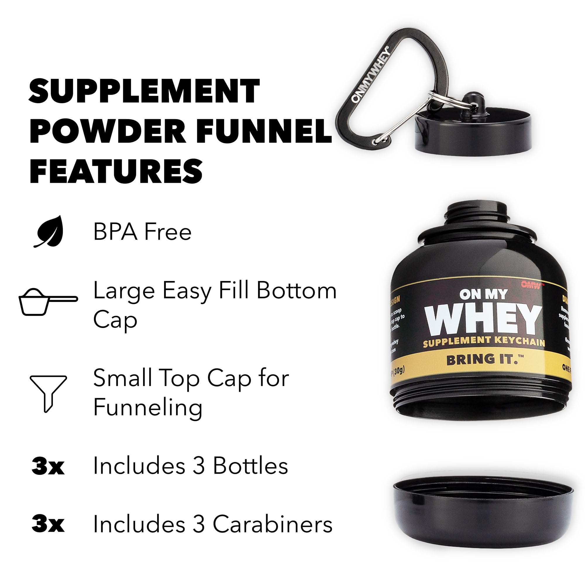 OnMyWhey - Protein Powder and Supplement Funnel Keychain, Portable to-Go Container for The Gym, Workouts, Fitness, and Travel - TSA Approved, Classic 3-Pack