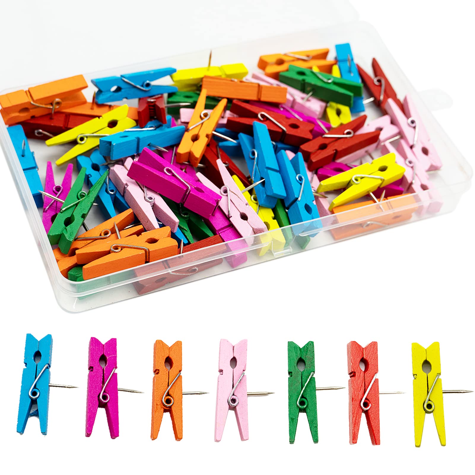 Push Pins with Wooden Clips - 50PCS Wooden Pegs with Pushpins, Multicoloured Drawing Pins - for Cork Boards Notes Photos Display Wall (with Storage Box)
