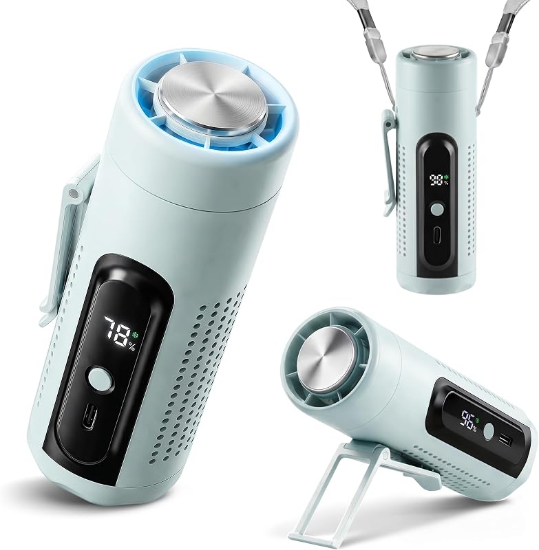 Mini Ventilatore Portatile 3 in 1 con Piastra Raffreddante, 5 Velocità, Display LED, USB-C, Clip, Supporto e Torcia, Ricaricabile per Viaggio Ufficio Campeggio Tascabile (Blu) — foto 1 di 8