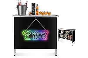 BRILLIHOOD Portable Double Shelves Bar Table with Mirrored Neon Sign - Happy Hour, LED Light Up Sign & Mobile Bartender Station for Events, Outdoor, Patio, Black Skirt and Carry Case Included
