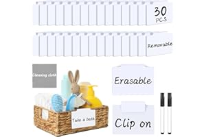 DANRONG 33PCS Basket Labels Clip On, 30 Labels for Storage Bins Removable with 2 Chalk Markers & 1 Wipe, Kitchen Pantry Labels, Plastic Storage Bin Label, Label Holder, Basket Tags, Bin Clips (White)