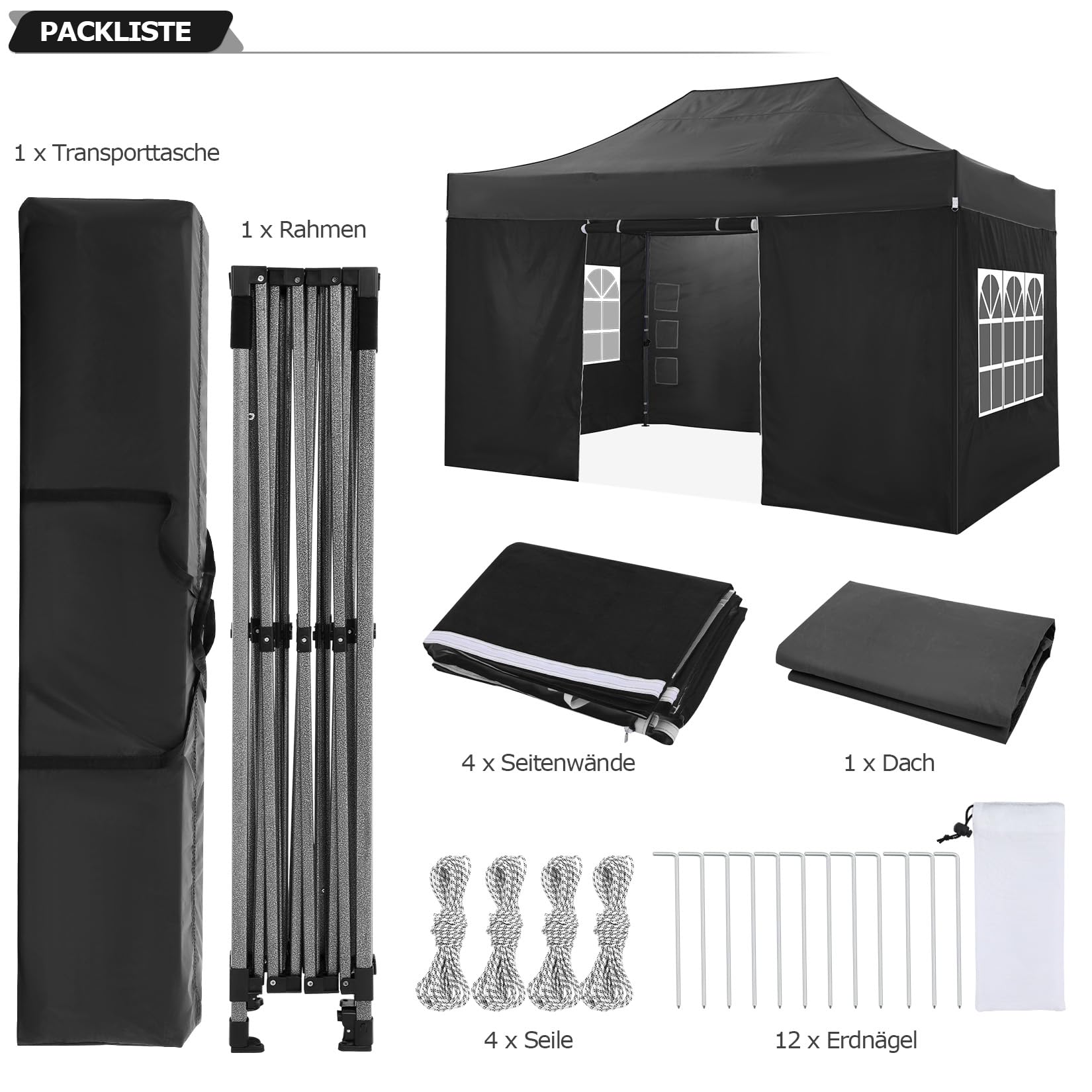 COBIZI Pavillon 3x4,5 Wasserdicht Stabil Winterfest mit Seitenwand,Schwarz 5