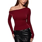 INLYRIC Women's Inbarely Seasons Off The Shoulder Double Lined Long Sleeve Tops Going Out Slim Fitted Sexy T-Shirts