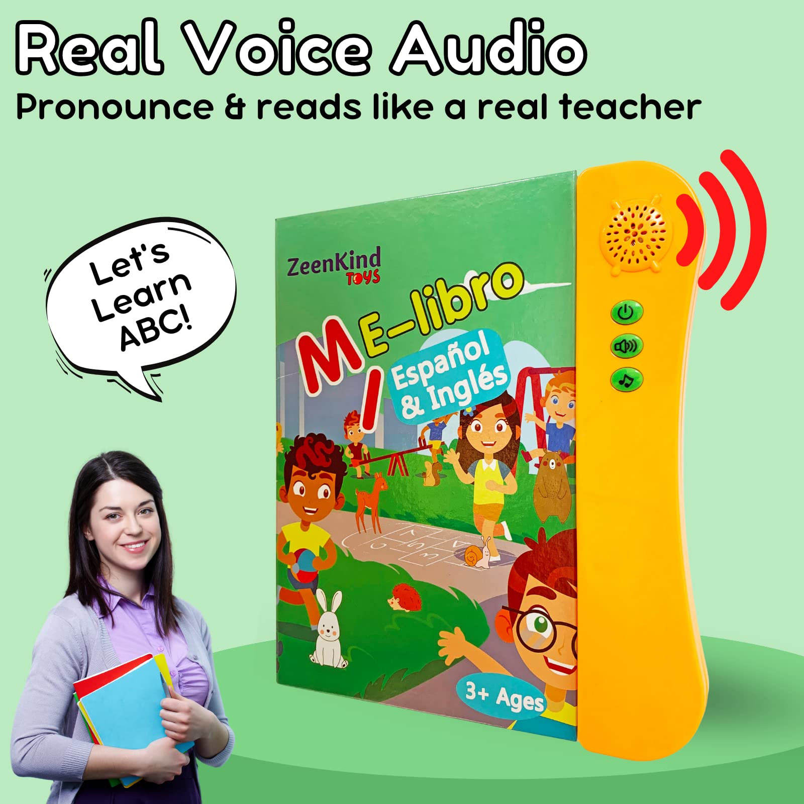 ZEENKIND Spanish & English Talking Learning Book for Kids 2 3 4 5 6 Years Old, Interactive Audio Sound Books, Toddler Educational Toy to Learn Spanish, Electronic Bilingual Toys, Juegos para Niños