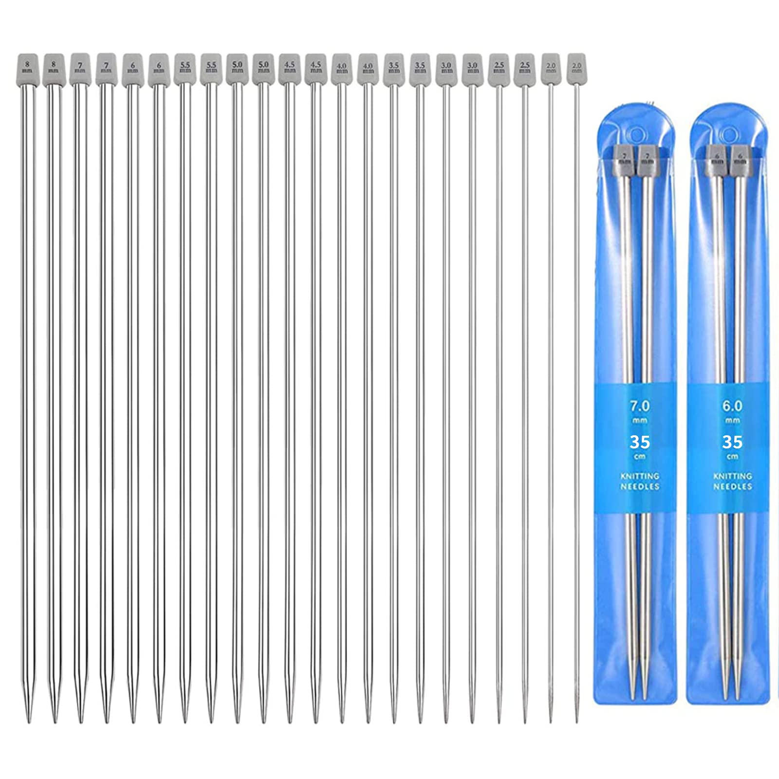 Knitting Needles Set, 11 Pairs Stainless Steel Straight Single Pointed Long Knitting Needles Kits 2.0mm /2.5mm /3.0mm /3.5mm /4.0mm /4.5mm /5.0mm /5.5mm /6.0mm /7.0mm /8.0mm