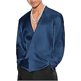 Floerns Men's Wedding Long Sleeve V Neck Shirts Shiny Satin Prom Party Club Shirts