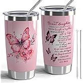 Bonus Daughter Gift Step Daughter Insulated Tumblers from Stepmom Unbiological Daughter Gifts to My Bonus Daughter 20oz Stainless Steel Tumbler with Lid and Straw (Pink Butterfly-Bonus Daughter)