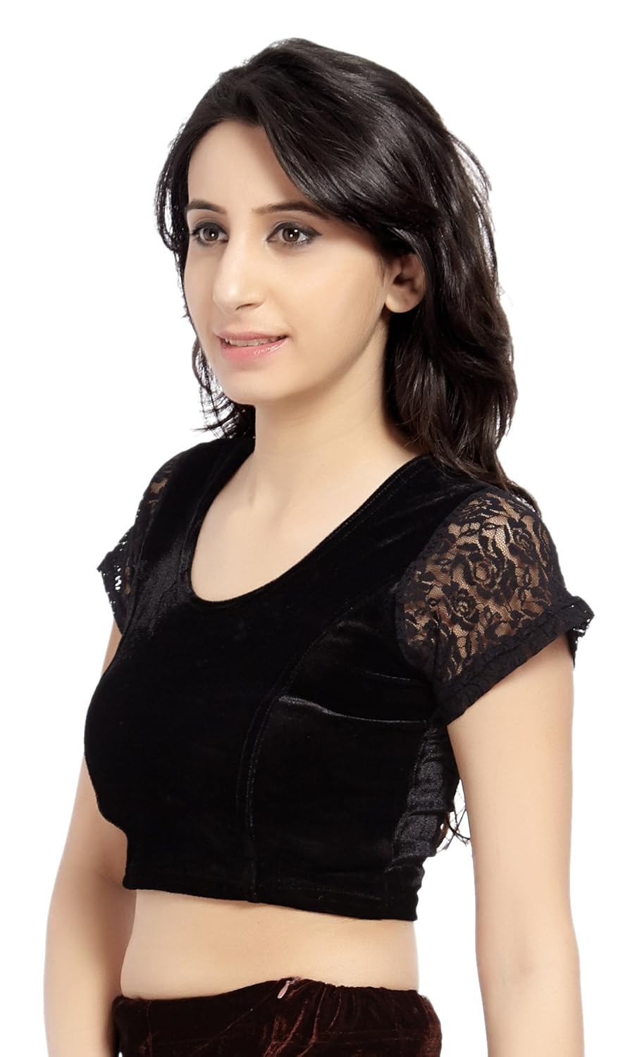 carrel women velvet fabric u neck netted half sleeves plain blouse