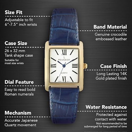 Peugeot Women's 14K Gold Plated Tank/Silver-Tone Tank Leather Dress Watch with Roman Numerals Dial in Dubai - UAE | Whizz Wrist Watches Peugeot Women's 14K Gold Plated Tank/Silver-Tone Tank Leather Dress Watch with Roman Numerals Dial in Dubai - UAE | Whizz Wrist Watches