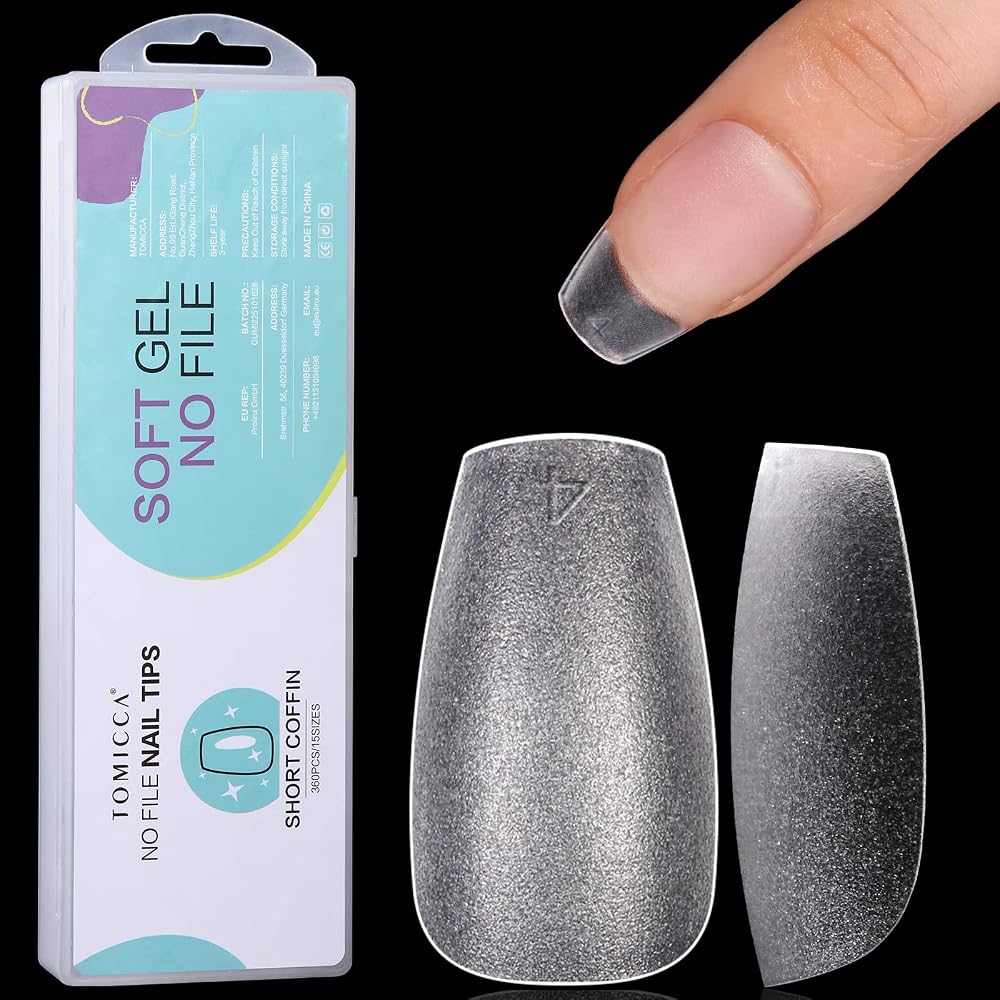 TOMICCA Short Coffin Nail Tips 360Pcs Matte Clear 15 Size Soft Gel Full Cover