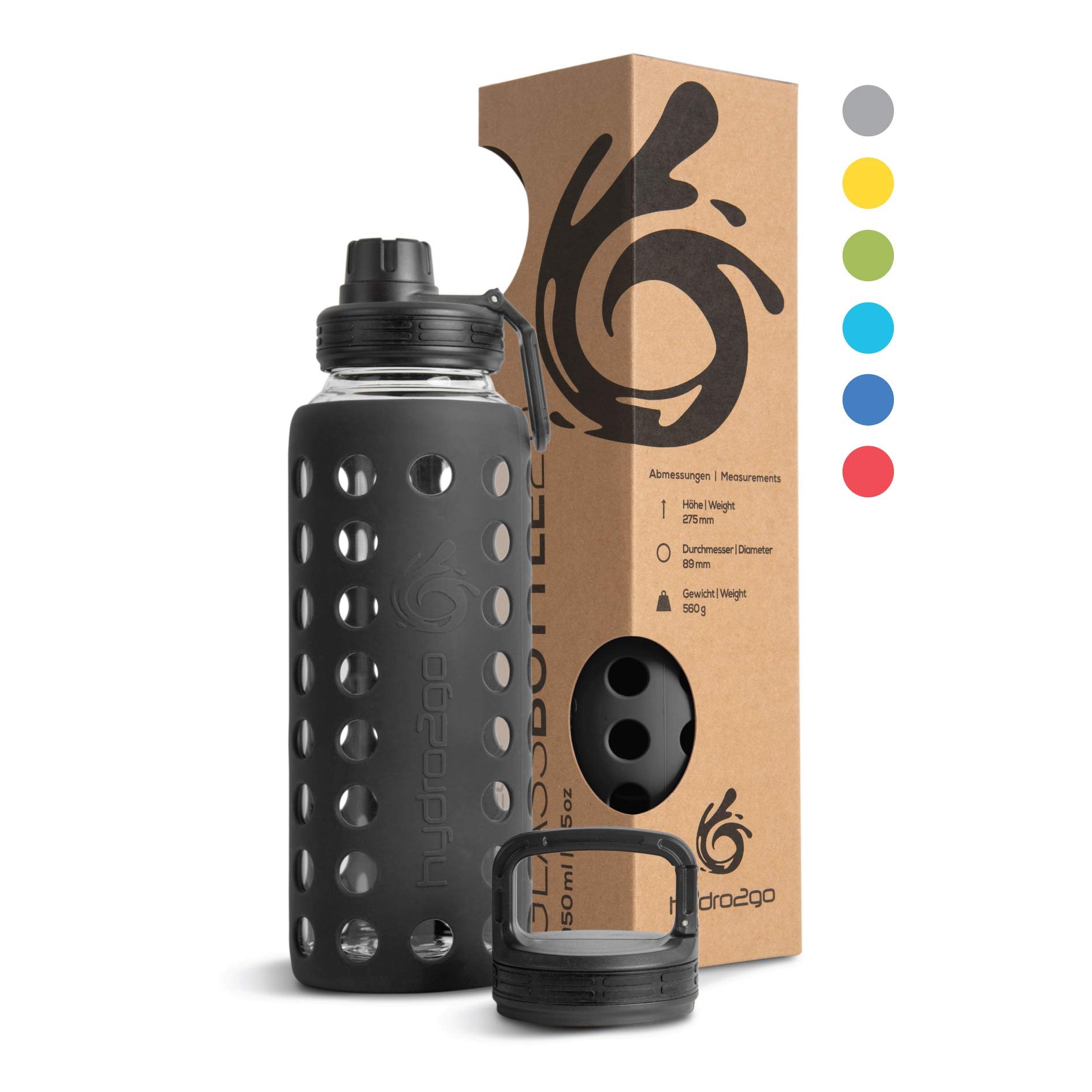 hydro2go Glass Bottle – BPA-free, leak-proof & dishwasher safe – 2 replaceable lids – ideal for office, fitness & outdoors – 950ml (Onyx Black 2.0)