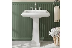 ELITEEDGE 26" W X 20" D Bathroom Pedestal Sink, Rectangular White Ceramic Vanity Sink with Overflow and 3 Pre-Drilled Holes - Fits 8-Inch Faucets,Freestanding Restroom Sink Combo for Small Spaces