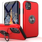 Yamink Compatible for iPhone 11 Case with Tempered Glass Screen Protector,Cover for iPhone 11 for Women Men,Sturdy 2 in 1 Protective Slim Phone Case with Invisible Magnetic Ring Kickstand,Red