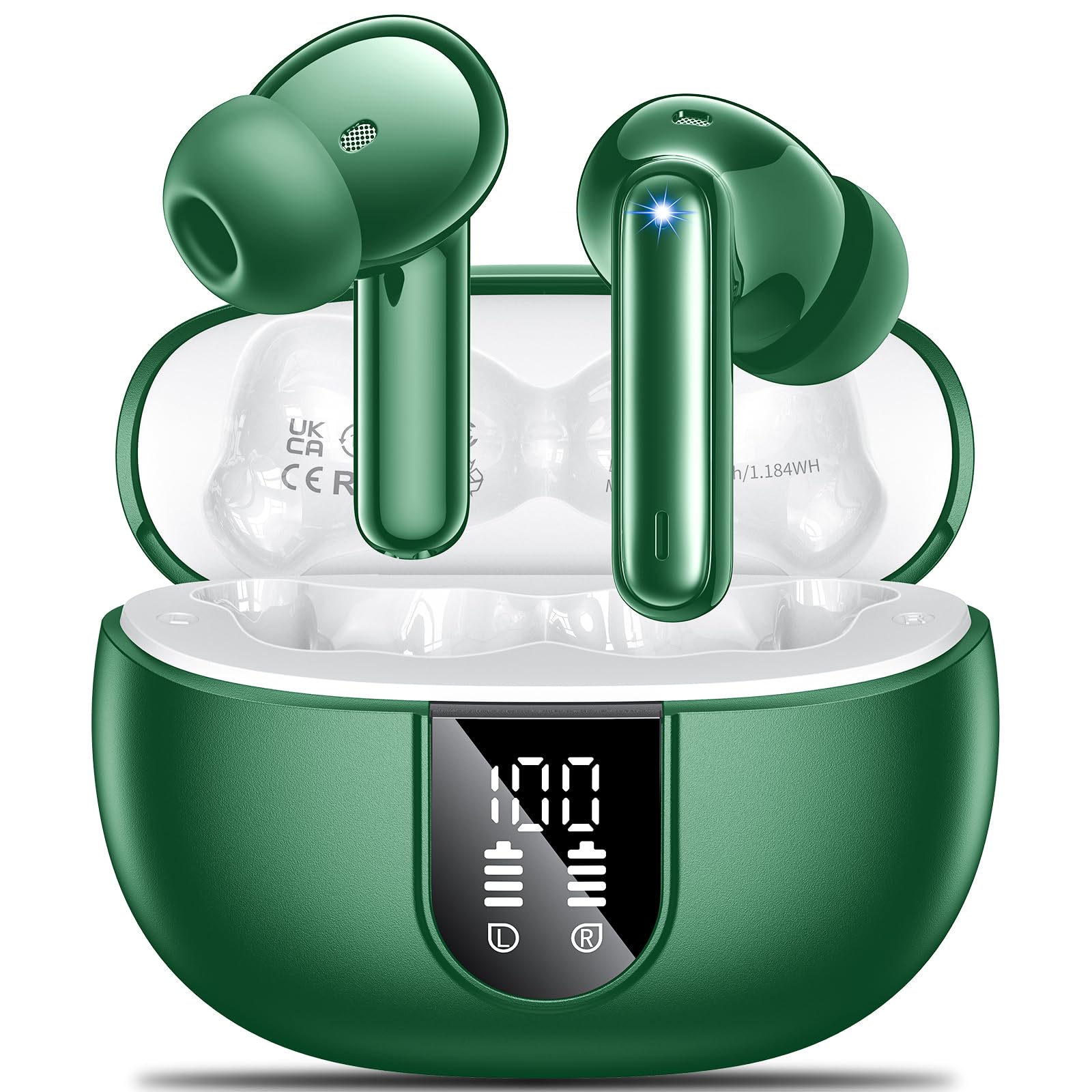 Wireless Earbuds,Wireless Earphones Bluetooth 5.3 in Ear with 4 Mic ENC Calls Noise Cancelling Wireless Headphones Mini LED Display HiFi Stereo 42H Playtime Bluetooth Earbuds IP6 Waterproof Green