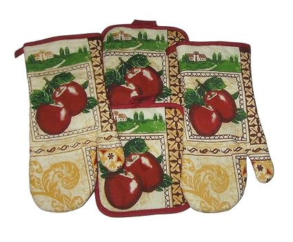 Apple Theme Cotton Potholders And Oven Mitts Set 4 Items Apple Theme Cotton Potholders And Oven Mitts Set 4 Items