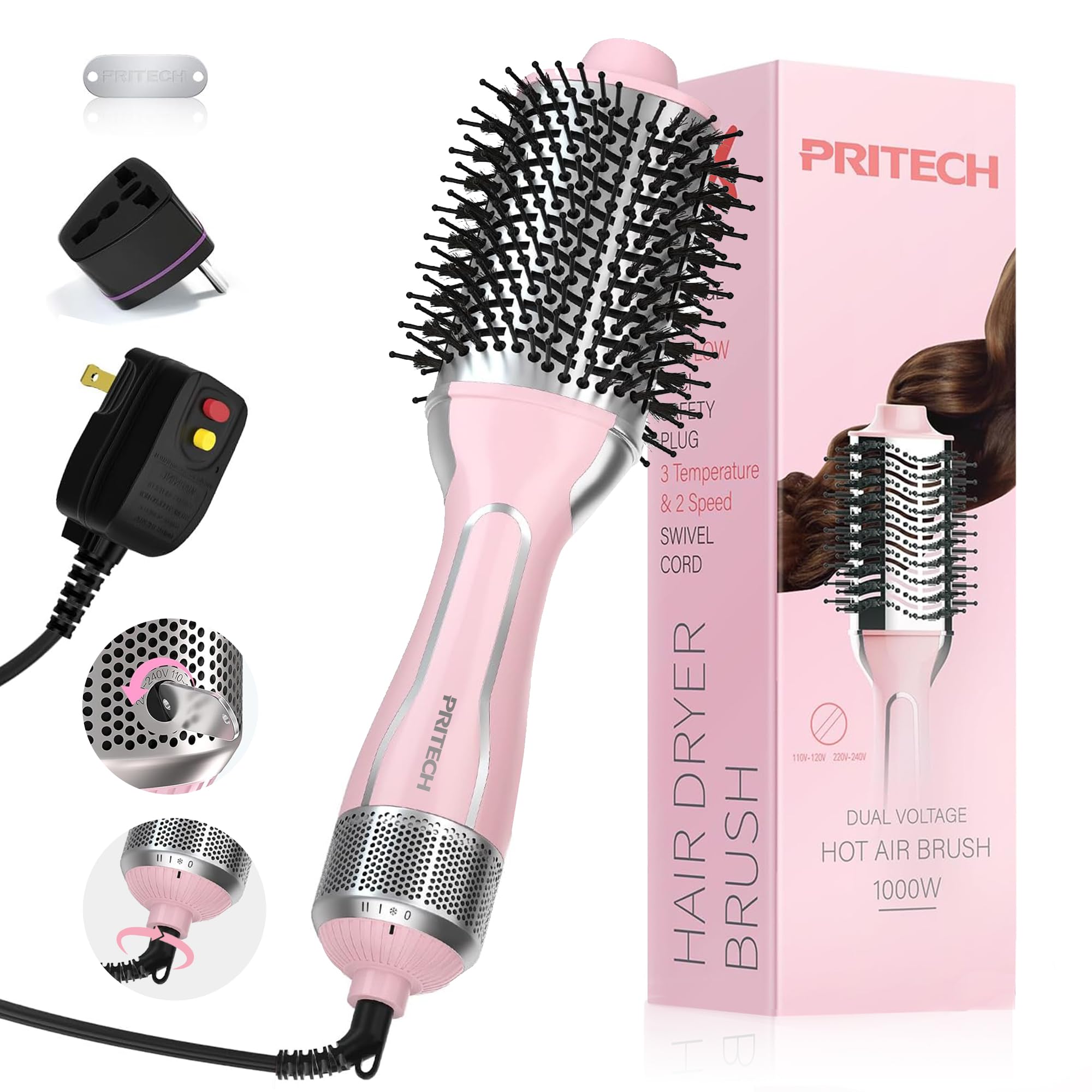 Photo 1 of PRITECH 1000W Dual Voltage Ceramic Ionic Hair Dryer Brush,4-in-1 Hot Air Styler & One Step Volumizer for Straight & Curly Hair Salon (110-120V/220-240V),Blush Silver