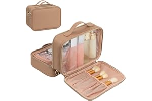 OCHEAL Large Capacity Double Zipper Cosmetic Bag, Beige Apricot, 9.8" x 5.8" x 7"