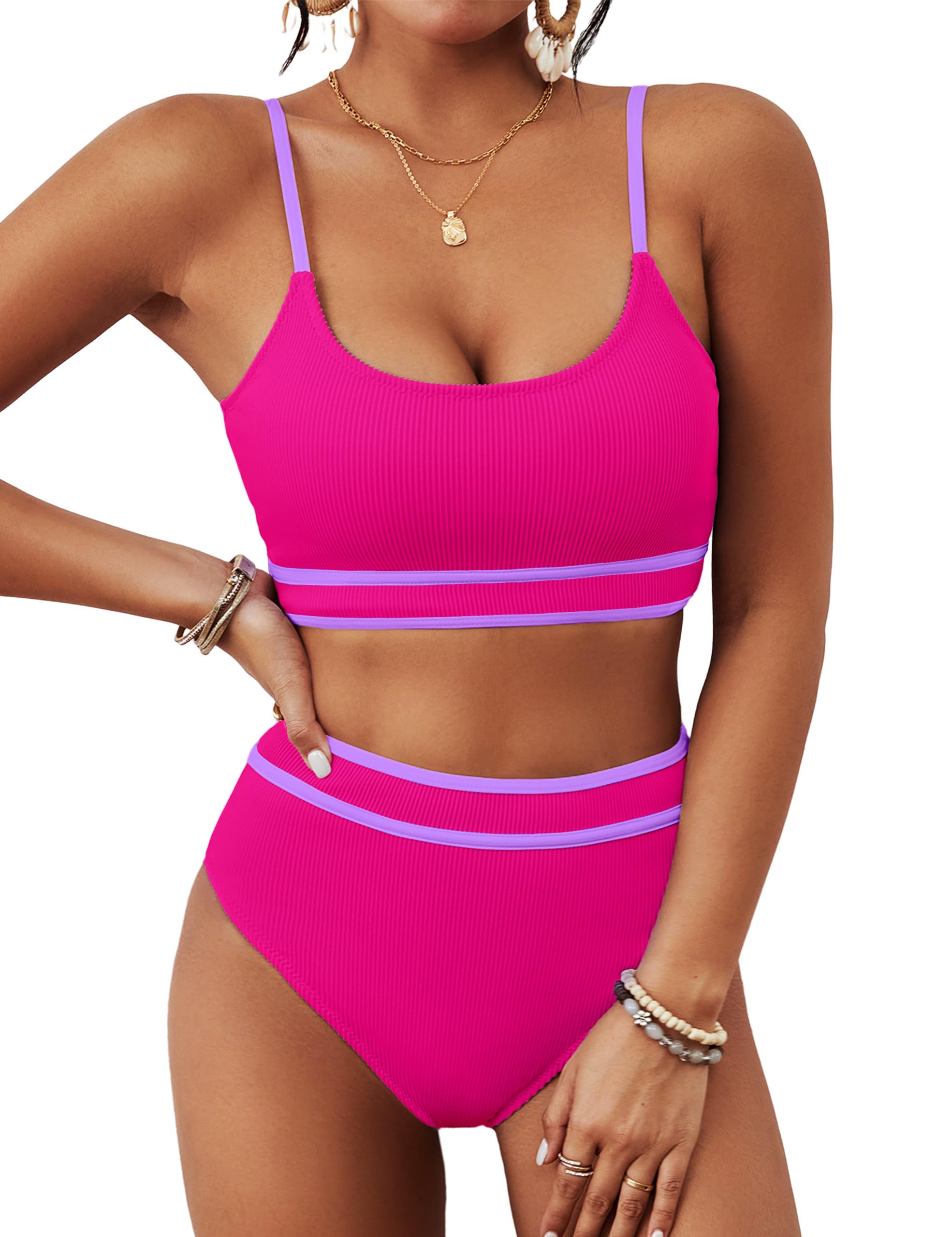 Photo 1 of BMJL Women's High Waisted Bikini Ribbed Two Piece Swimsuit High Cut Color Block Adjustable Straps Bathing Suit(S,Hot Pink)
