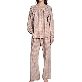 COZYPOIN Womens Gingham Pajama Set 2 Piece Cotton Plaid Button Down Puff Sleeve Shirt and Pants Lounge Set Cute Sleepwear