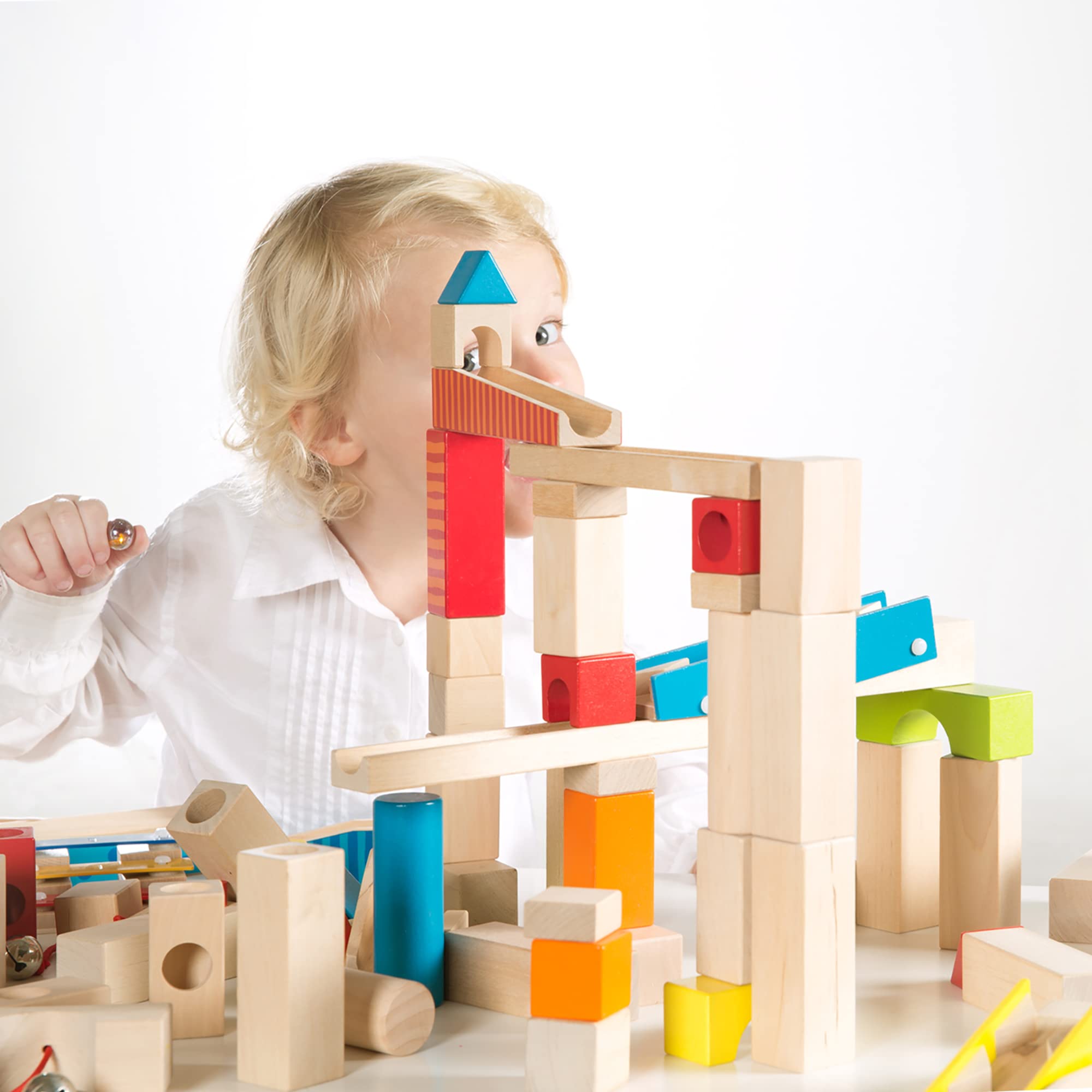 Wooden Marble Run Set - 100 Pieces, 20 Glass Marbles & 80 Building Blocks, Ages 3+