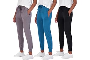 Real Essentials 3 Pack: Womens Dry-Fit Active Soft Lightweight Lounge Jogger Pants with Pockets (Available in Plus Size)