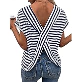 LilyCoco Womens Striped Open Back Tops Criss Cross Back Batwing Sleeve T Shirt