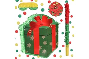 ABILITH Christmas Green Box Pinata for Birthday Holiday with Stick Blindfold Confetti Christmas Piñata Decoration