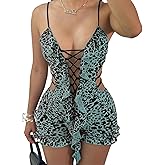 Molilove Womens Cheetah Print Romper Mesh Sexy Sleeveless Bodycon Shorts Leopard Romper Hollow Out Y2K One Piece Outfits
