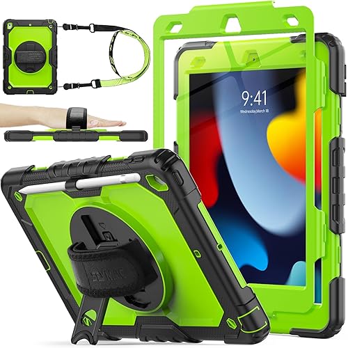 SEYMAC stock Case for iPad 9th/ 8th/ 7th Generation Shockproof with  Screen Protector, Pencil Holder [360° Rotating Hand Strap] Stand, for
