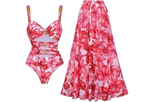 CETHRIO Plus Size Swimsuit for Women Vintage Printed Bodysuit Bathing Suits One Peice Swimwear and Sarong Wrap Skirt