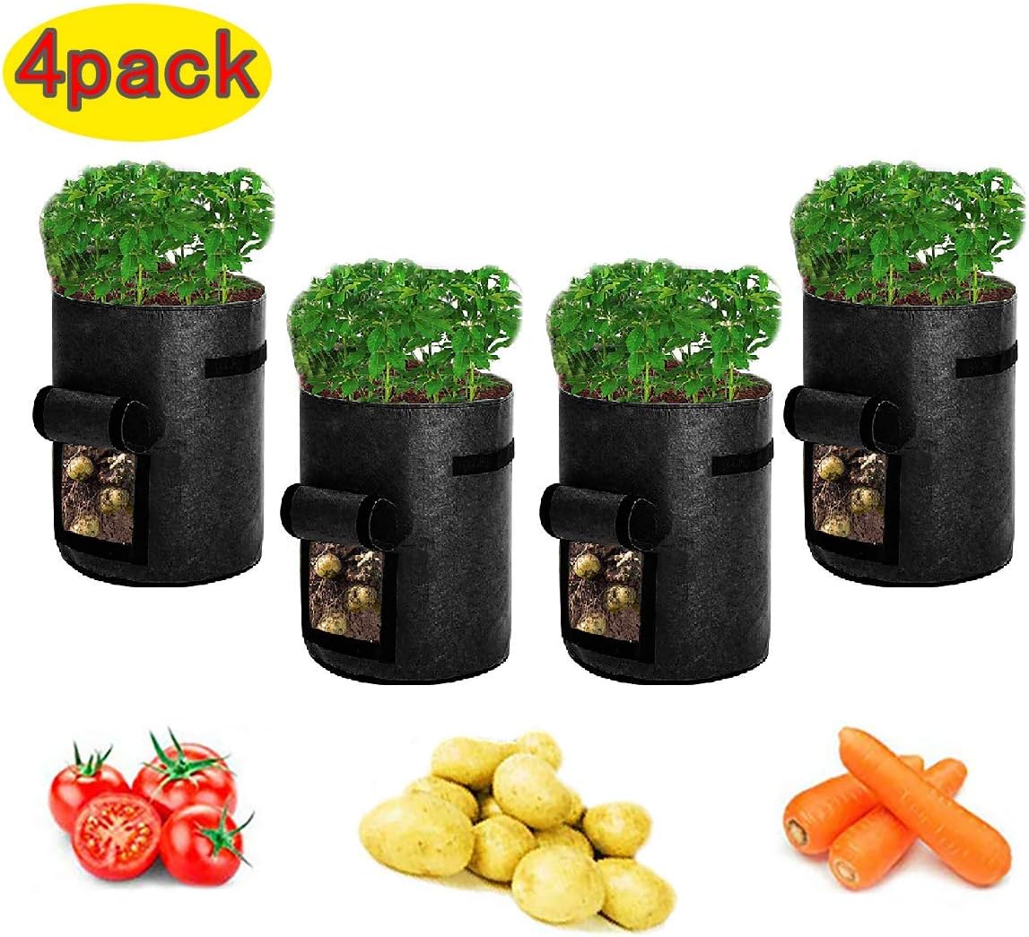 Airsnigi 10 Gallon Potato Grow Bags, 4 Pack Plant Grow Bags with Flap Window Handles Vegetable Growing Bag for Vegetables, Fruits, Garden, Outdoor, Black