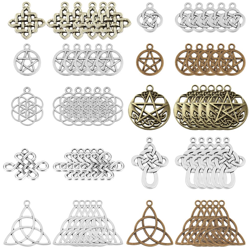 SUNNYCLUE 1 Box 60Pcs 10 Styles Celtic Knot Charms Pendants Pagan Chinese Trinity Knot Flower of Life Chakra Tibetan Style Alloy Hollow Pendants for Crafts Making Supplies, Antique Silver Bronze