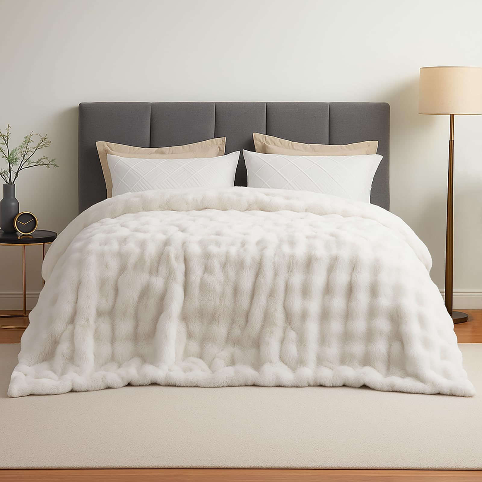 Photo 1 of Amélie Home Faux Fur Throw Blanket for Bed, Ultra Soft Fuzzy Plush Bubble Blanket for Bedroom & Bed Decor, 90"x90", Cream White