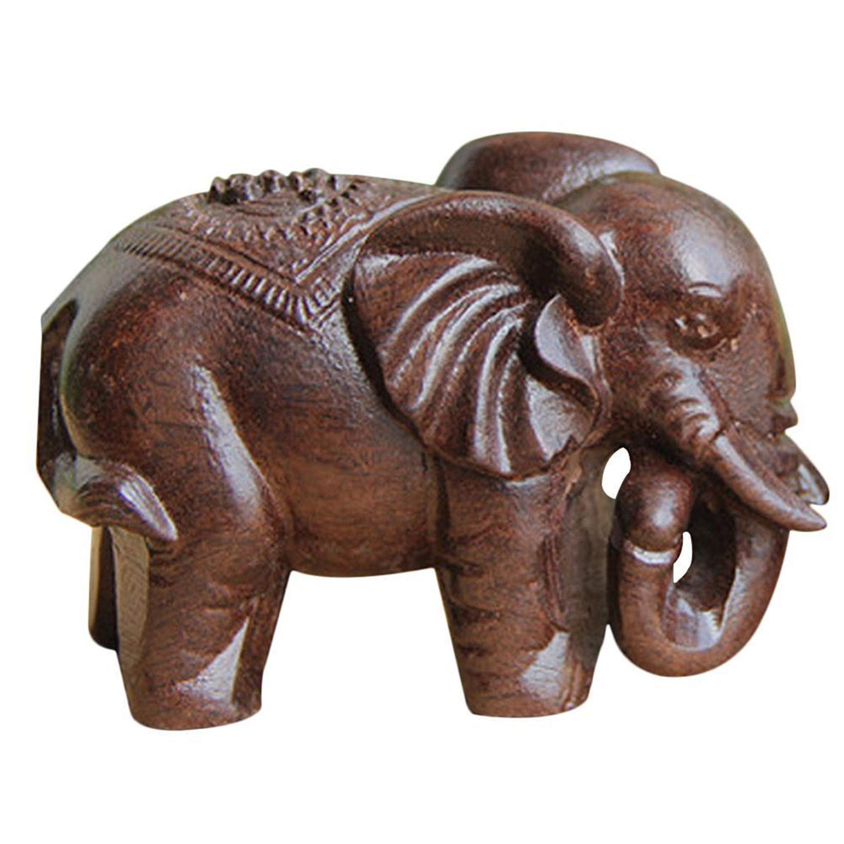 YODOOLTLY Lucky Elephant Statue- 2 Pcs Natural Wooden Wealth Elephant Sculpture Fengshui Figurines Mini Ornament Handmade Carved Gift Crafts for Office Home Decoration