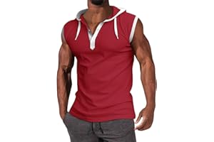 WENKOMG1 Mens Henley Tank Tops Solid Sleeveless Workout Hoodie Shirt Summer V Neck Button Down Active Hooded Gym Tees