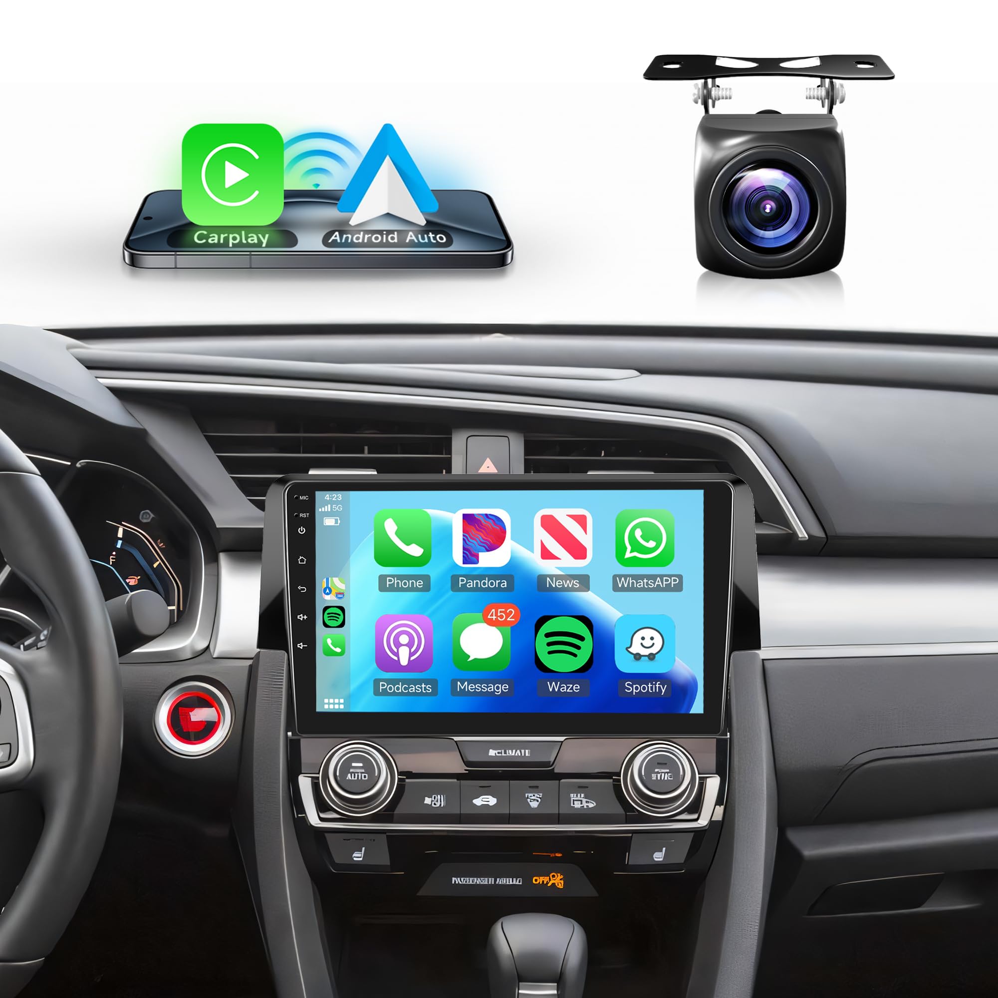 Photo 1 of 8 Core 6+128G Android Car Radio Car Stereo for Honda Civic 2016-2021 with Wireless Carplay Android Auto, 9’’ Touch Screen Head Unit with Mirror Link GPS WIFI Bluetooth FM/RDS DSP AHD Backup Camera SWC