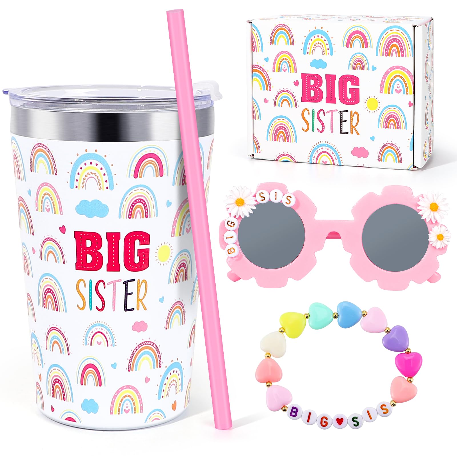 iAOVUEBY Big Sister Gifts for Girls, 3PCS Big Sister Gift Includes 12 oz Pink Tumbler Cup Sunglasses Bracelet Sibling Gift From New Baby, Big Sister Announcement Gifts for Girls Age 2-8