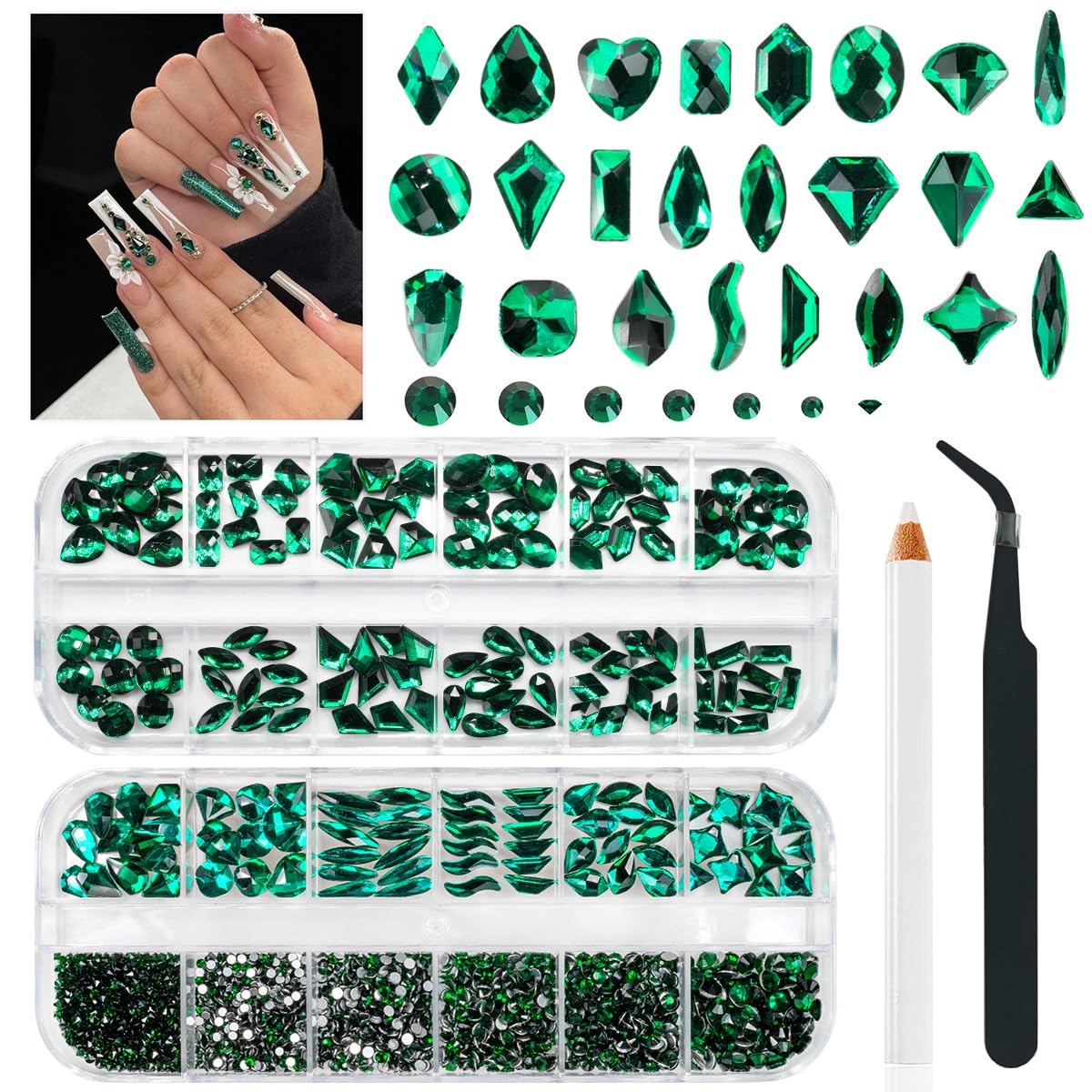 qiipii 24 Styles Emerald Green Nail Rhinestones