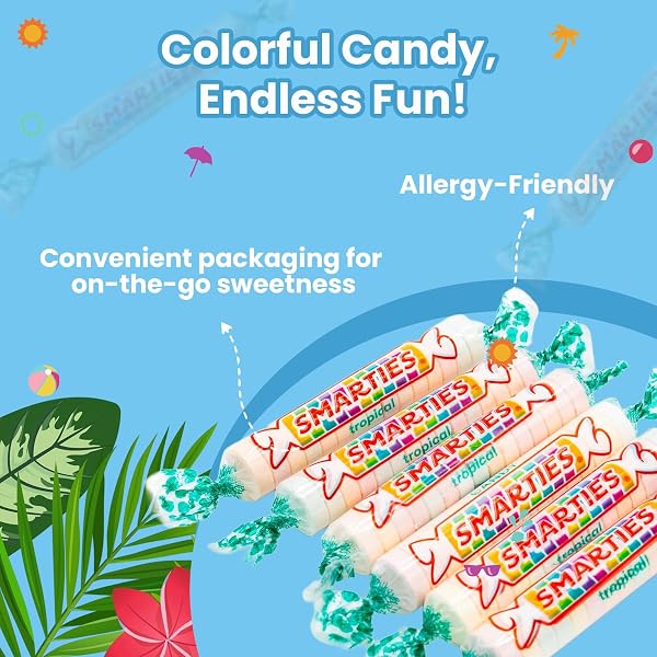 SMARTIES TROPICAL CANDY ROLLS, GLUTEN-FREE & VEGAN FLAVOR TREATS, HARD INDIVIDUALLY WRAPPED, PEANUT-FREE PLANT DERIVED INGREDIENTS, HALLOWEEN, 2 LB BAG