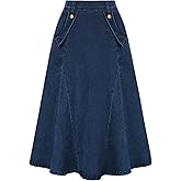 Belle Poque Women's Denim Skirts Vintage Elastic High Waist A-Line Long Maxi Jean Skirts with Pockets