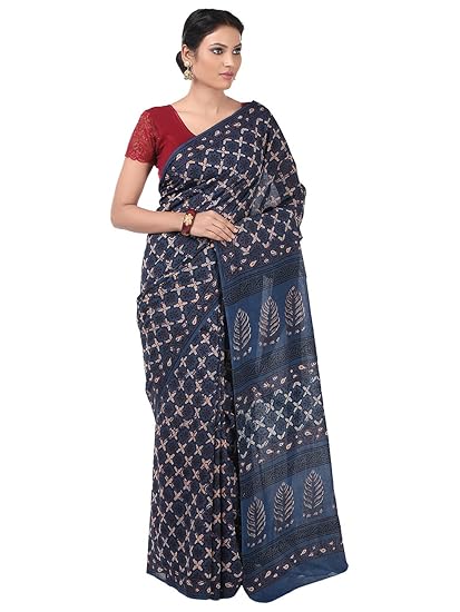 Finest Quality Cotton - Handmade Tarapur Print - Indigo Dabu with Bagh - Block Print Saree with Blouse Piece